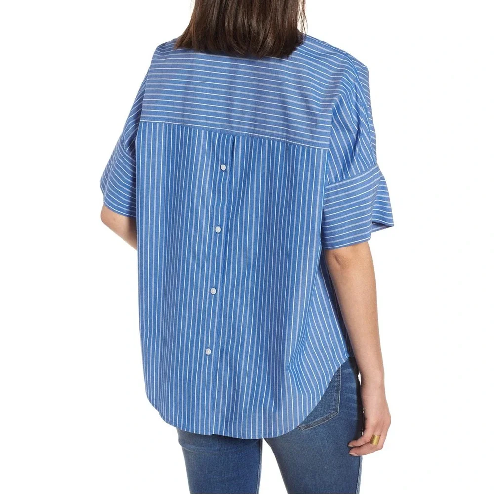 Madewell Blue Striped Courier Button Back Popover Shirt Size M Top Blouse - Picture 2 of 9